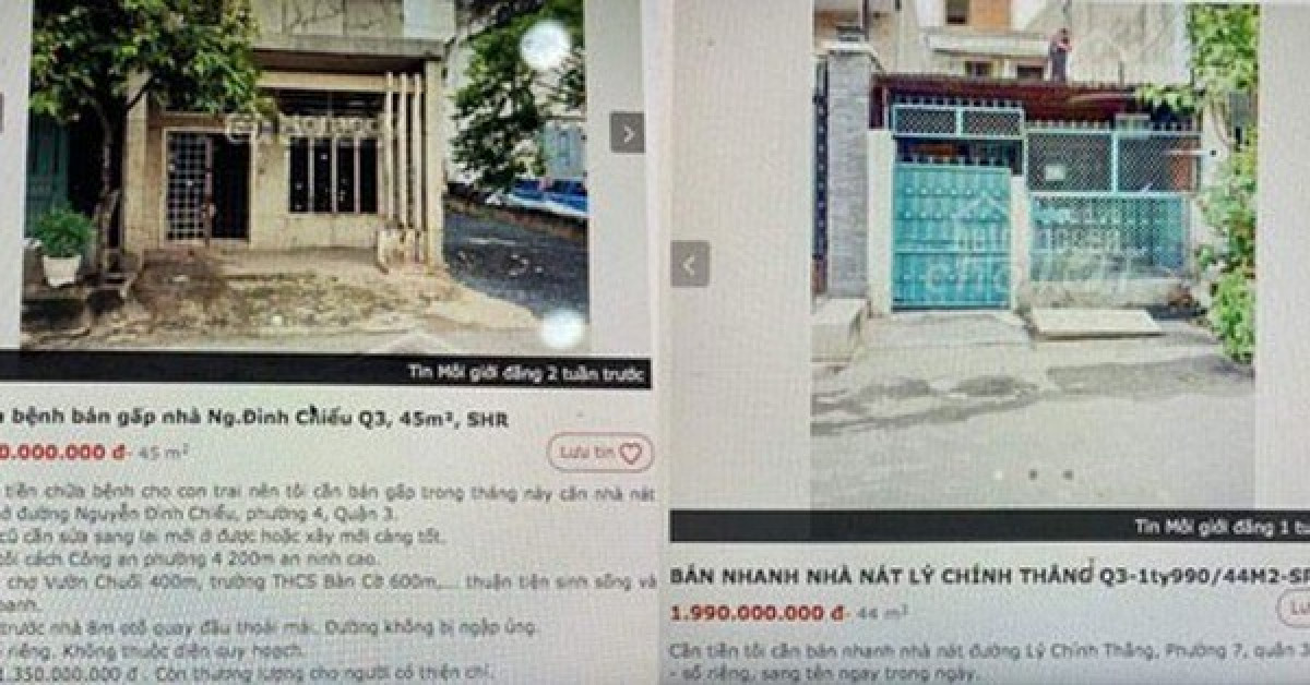 Một số mẩu tin về nhà nát giá rẻ được rao trên các trang mua bán nhà đất (ảnh chụp màn hình)