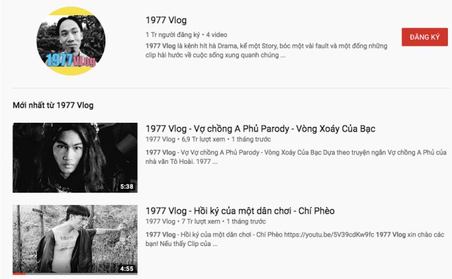 Kênh 1977 Vlog chính thức có được nút vàng YouTube với 1 triệu người đăng kí chỉ sau 4 video được đăng tải.