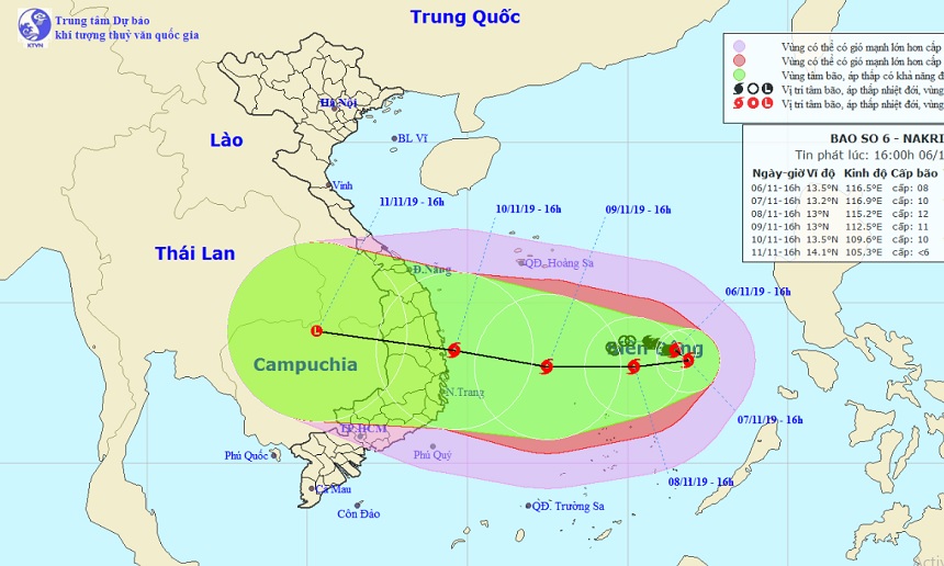 Vị trí và hướng di chuyển tiếp theo của bão số 6 Nakri hồi 17h ngày 6/11. Ảnh Trung tâm Dự báo KTTVQG.