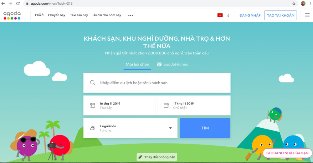 Wesbite Agoda, một địa chỉ đặt phòng trực tuyến rất phổ biến hiện nay (ảnh chụp màn hình)