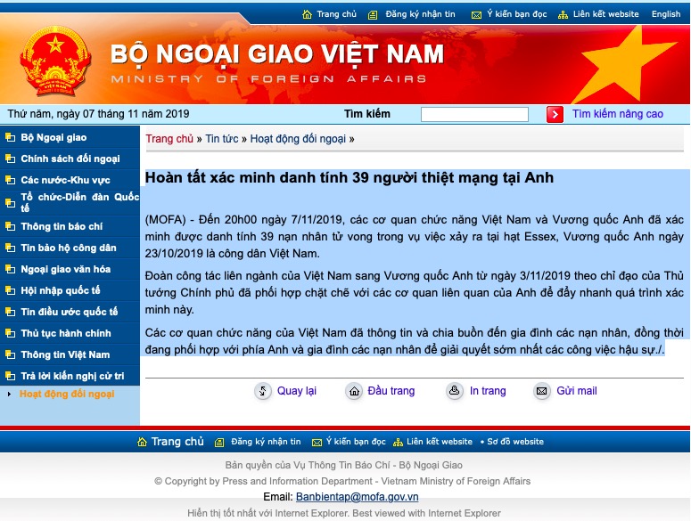 Bộ Ngoại giao thông tin 39 người trong container tại Anh là người Việt Nam.