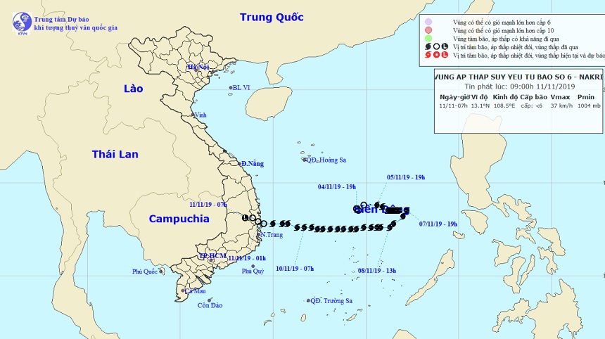 Bão số 6 Nakri sau khi đổ bộ đất liền Phú Yên đến Khánh Hòa đã suy yếu thành một vùng áp thấp. Ảnh Trung tâm Dự báo KTTVQG.