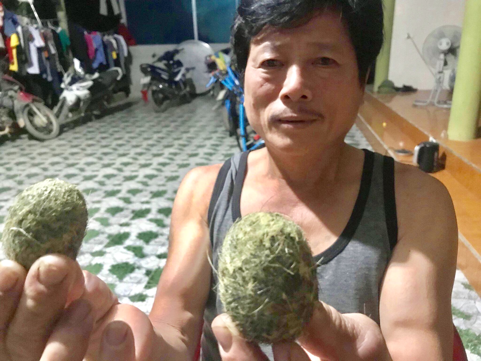 Hình ảnh ông Hoà cầm hai vật thể lạ nghi cát lợn