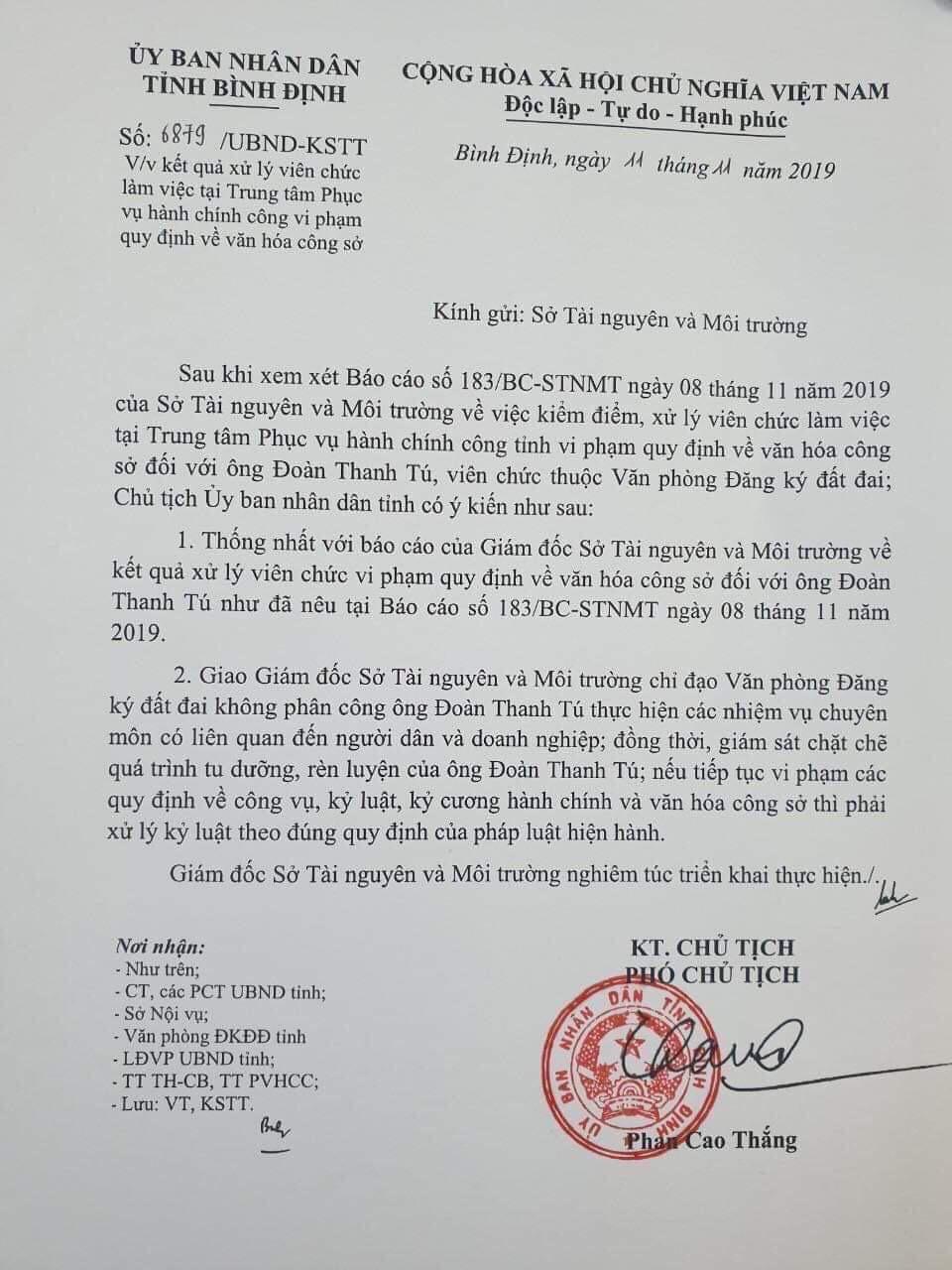 Văn bản của UBND tỉnh Bình Định về việc xử lý vi phạm văn hóa công sở đối với ông Đoàn Thanh Tú