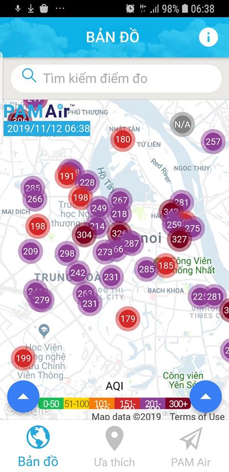 Hầu hết các điểm đo không khí ở Hà Nội sáng 12/11 đều cho chỉ số chất lượng không khí Rất xấu đến Nguy hại. Ảnh chụp màn hình Pamair lúc 6h38.
