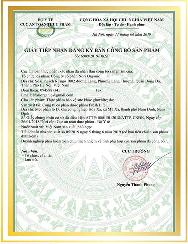 Viên sủi GluWhite được Bộ Y Tế kiểm định và chứng nhận hiệu quả