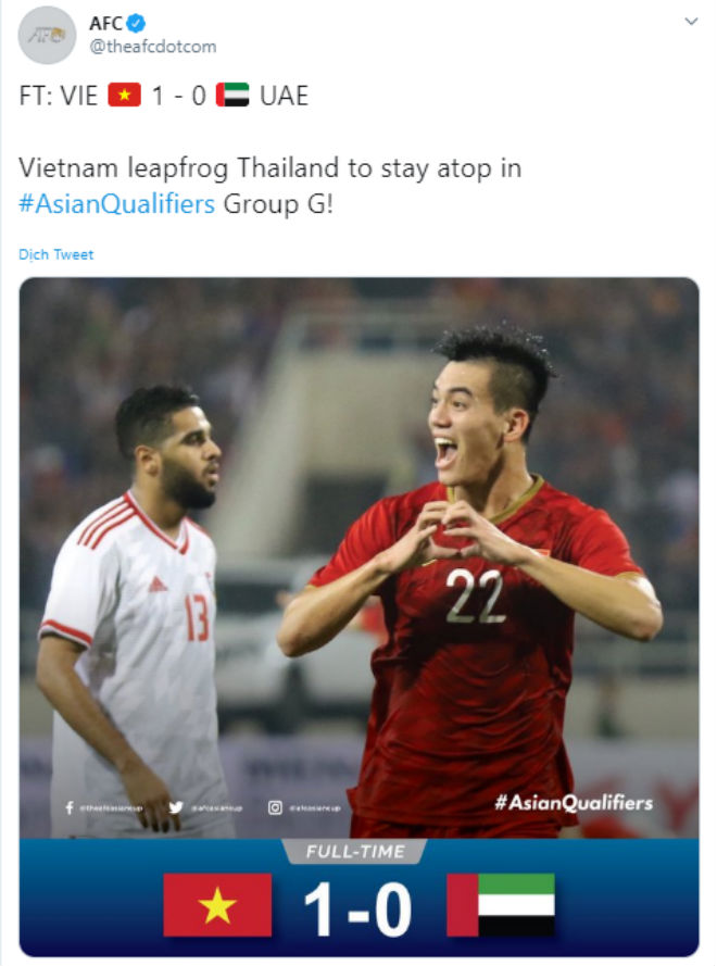 Twitter của AFC chúc mừng Việt Nam sau trận thắng UAE