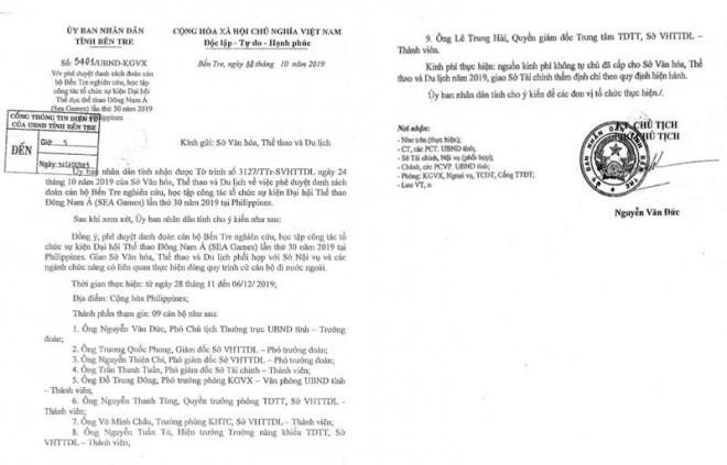 Công văn số 5401 do Phó Chủ tịch thường trực tỉnh Bến Tre Nguyễn văn Đức ký ngày 30-10 phê duyệt danh sách chín người đi học tập tổ chức Sea Games