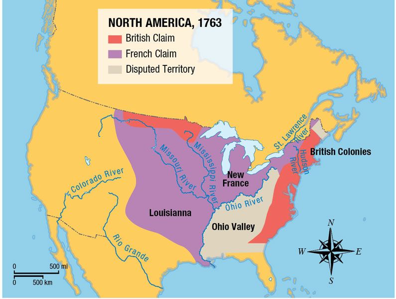 Địa giới vùng thuộc địa của Anh (đỏ), Pháp (tím) và khu vực tranh chấp (xám) tại Mỹ trước thời điểm chiến tranh nổ ra 