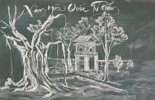 Với viên phấn trắng của mình, những danh lam thắng cảnh nổi tiếng của đất nước luôn hiện ra sinh động, đẹp lung linh trong mắt những học trò nhỏ (trong ảnh là bức tranh vẽ Văn miếu Quốc Tử Giám - Hà Nội)