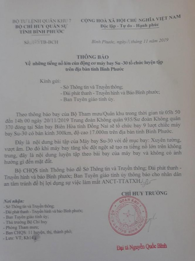Thông báo của Bộ chỉ huy quân sự tỉnh Bình Phước