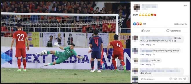 Hình ảnh thủ thành mang áo số 23 bay người cản phá quả penalty của Thái Lan
