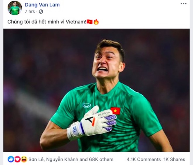 Bài đăng của Đặng Văn Lâm trên Facebook