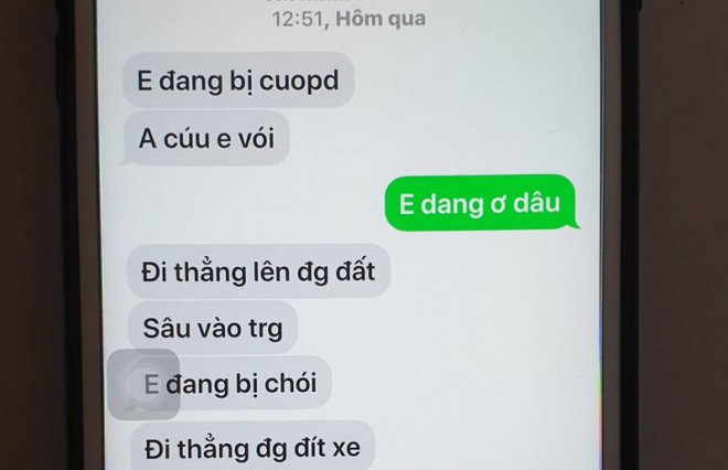 Tin nhắn kêu cứu của nữ tài xế gửi cho lực lượng chức năng.