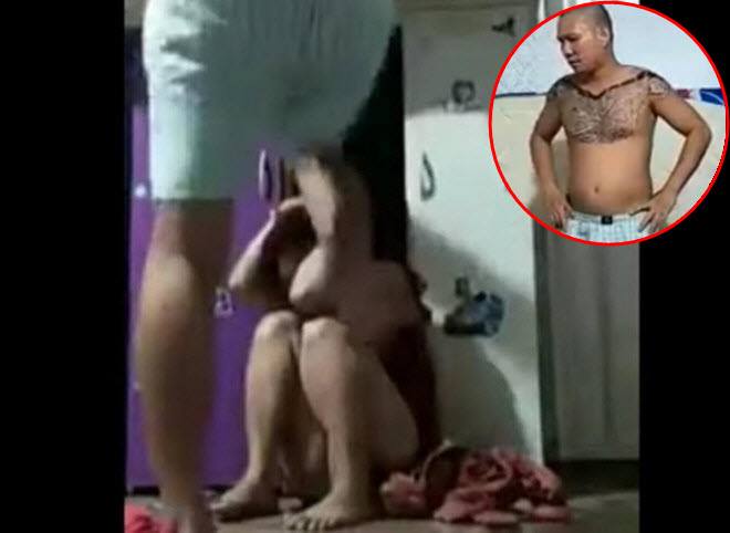 Chị K. bị Hòa (ảnh nhỏ) đánh dã man. Ảnh cắt từ clip