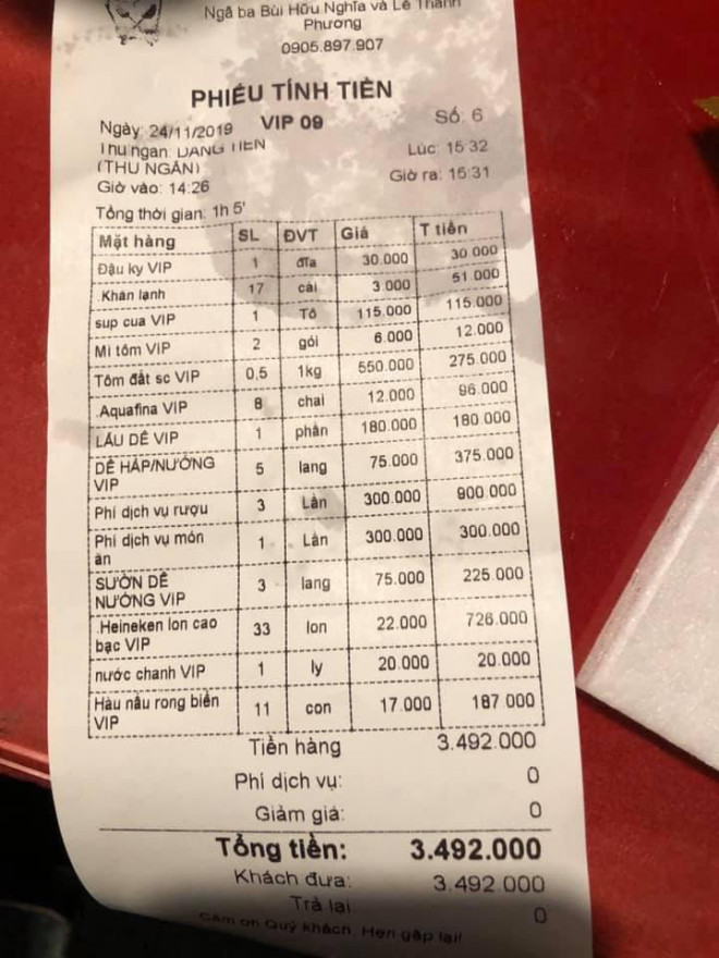 Phiếu tính tiền bàn nhậu của anh A. tại nhà hàng Quán Ngẫu