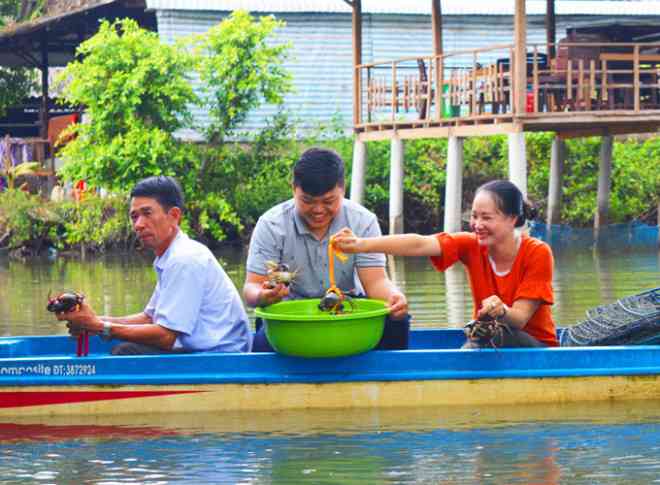 Trải nghiệm bắt cua tại điểm du lịch cộng đồng. 