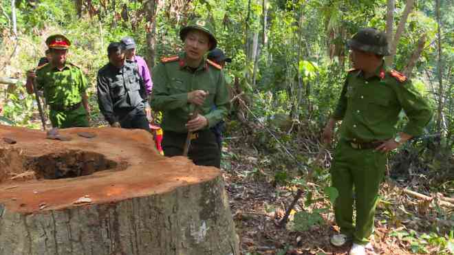 Đại tá Vũ Hồng Văn (giữa) trong một lần cùng cán bộ, chiến sĩ vào rừng truy bắt các đối tượng khai thác gỗ lậu
