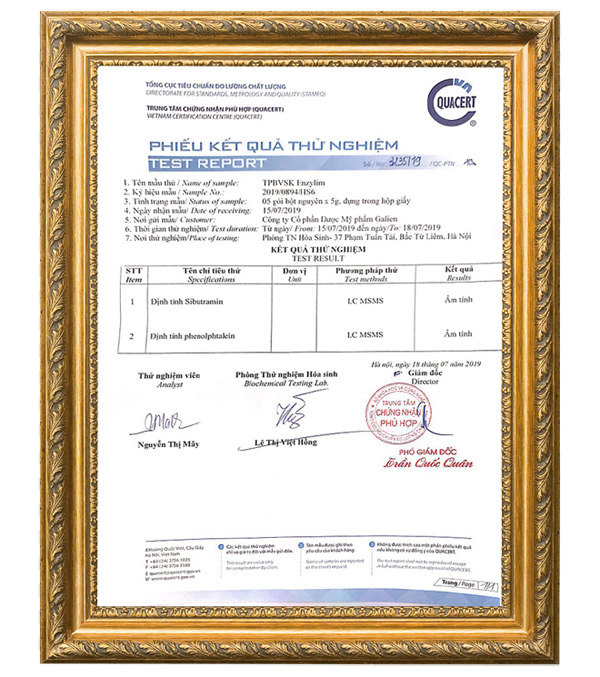 Chứng nhận kiểm định sản phẩm giảm cân cao cấp Enzylim không chứa chất cấm