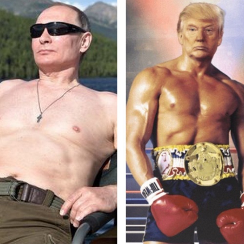 Ảnh ghép ông Trump "cơ bắp cuồn cuộn" được so sánh với ảnh Putin cởi trần.