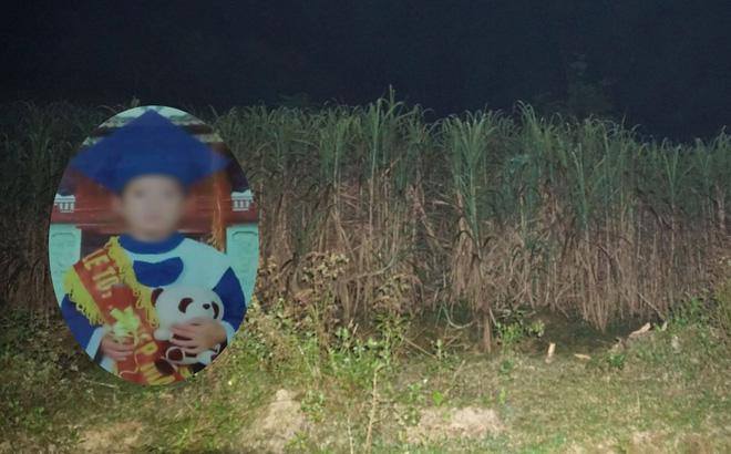 Hình ảnh nạn nhân Bàn Văn T. (ảnh nhỏ) và khu vực vườn mía nơi tìm thấy thi thể cháu T.