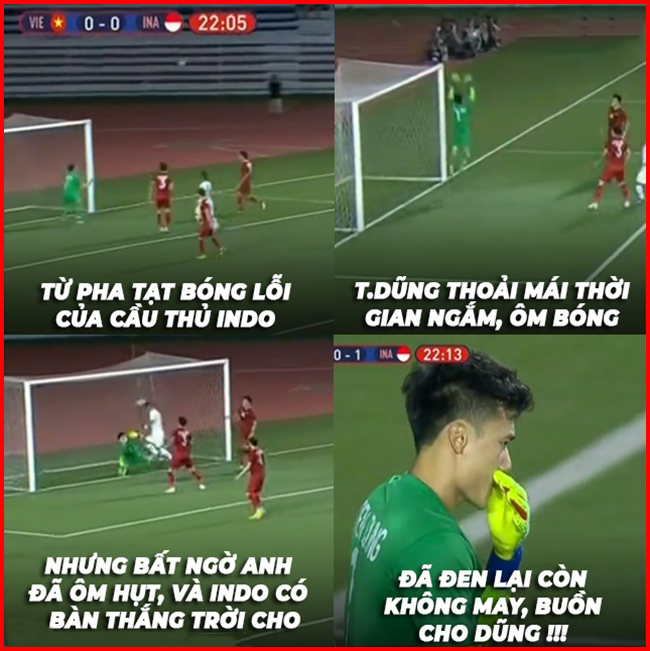 Tình huống thủ môn Bùi Tiến Dũng mắc lỗi dẫn đến bàn thua của U22 Việt Nam.