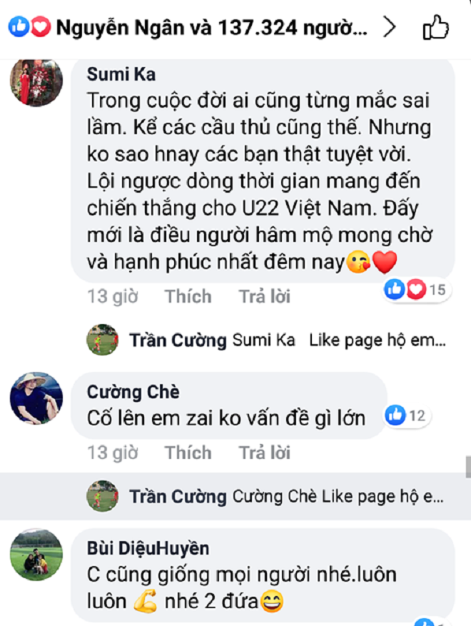 Hầu hết người hâm mộ vẫn ủng hộ và động viên Tiến Dũng sau trận thắng kịch tính của U22 Việt Nam.