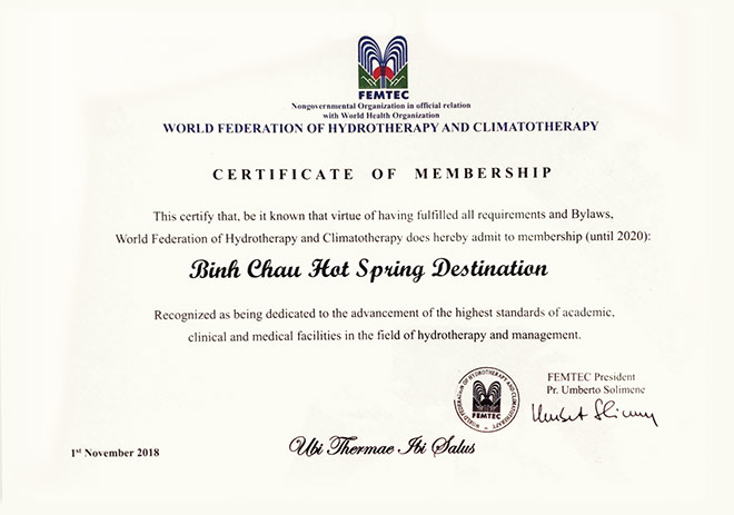 Thế giới khoáng nóng Minera là thành viên đầu tiên tại Việt Nam được Hiệp hội Thuỷ &amp; Nhiệt trị liệu thế giới FEMTEC (thuộc tổ chức y tế thế giới WHO) công nhận từ tháng 11/2018.