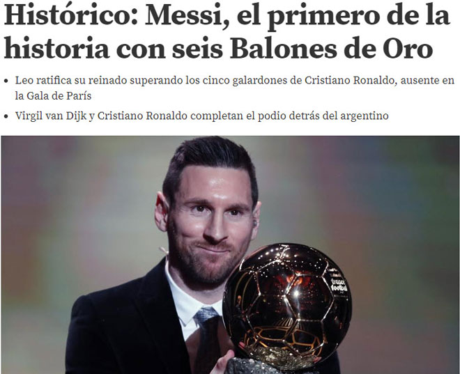 Tờ Mundo Deportivo ca ngợi Messi với bài viết "Giây phút lịch sử, Messi lập kỷ lục với lần thứ 6 đăng quang danh hiệu "Quả bóng vàng"