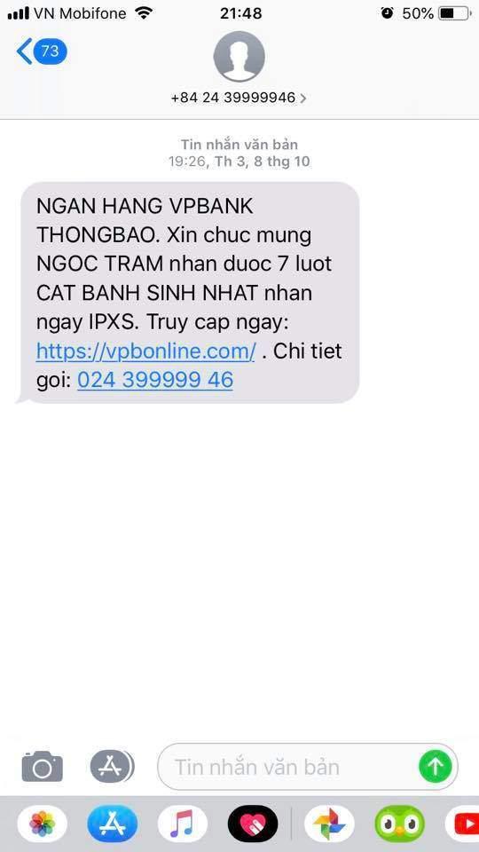 Một khách hàng khác của VPBank cũng nhận được tin nhắn lừa đảo