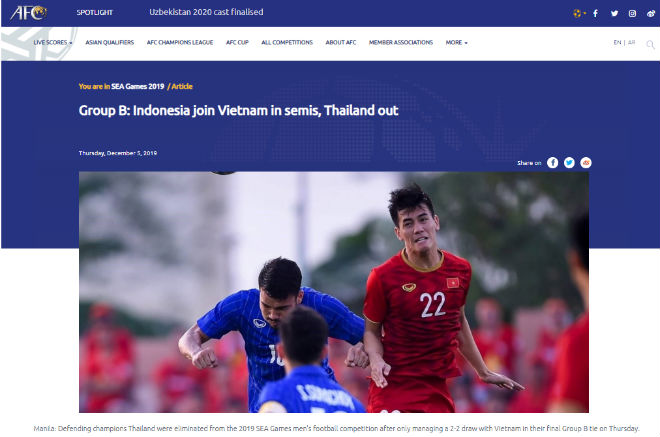 AFC khâm phục tinh thần của U22 Việt Nam