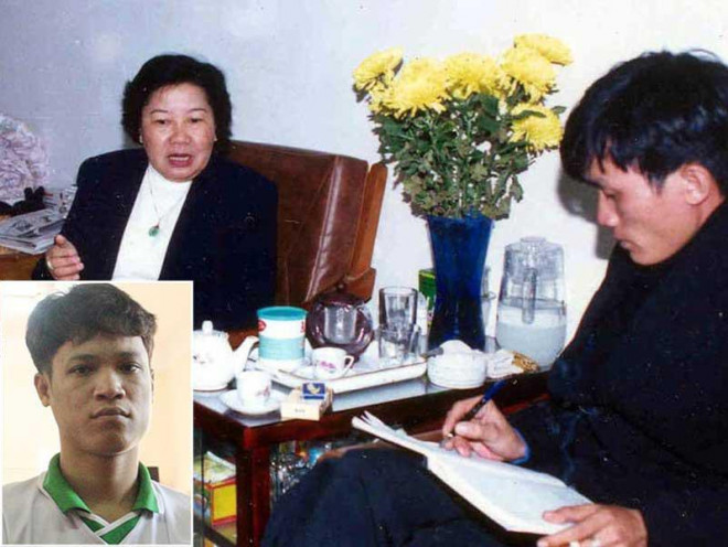 Nhà báo Đức Hiển (phải) phỏng vấn bà Hoài Thu trong vụ án Lê Bá Mai (ảnh nhỏ). Ảnh: CT