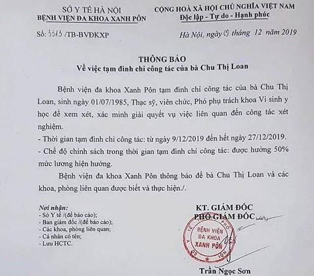 Quyết định tạm đình chỉ cán bộ BV Đa khoa Xanh Pôn vì nghi ngờ có liên quan đến vụ bớt xén vật tư xét nghiệm HIV và viêm gan B.