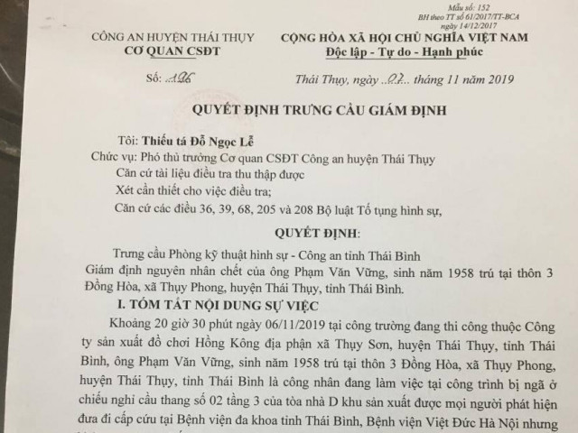 Pháp luật - Công an Thái Bình kết luận vụ nam công nhân tử vong tại công trường