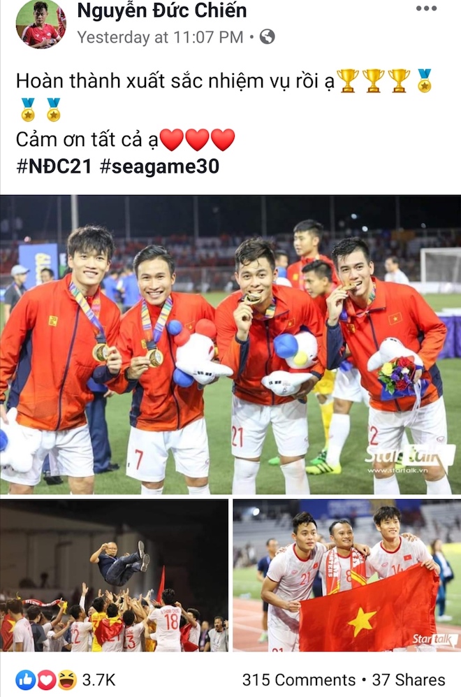 Lấy vàng SEA Games 30, 11 cầu thủ "hot" nhất U22 Việt Nam viết gì trên Facebook? - 12