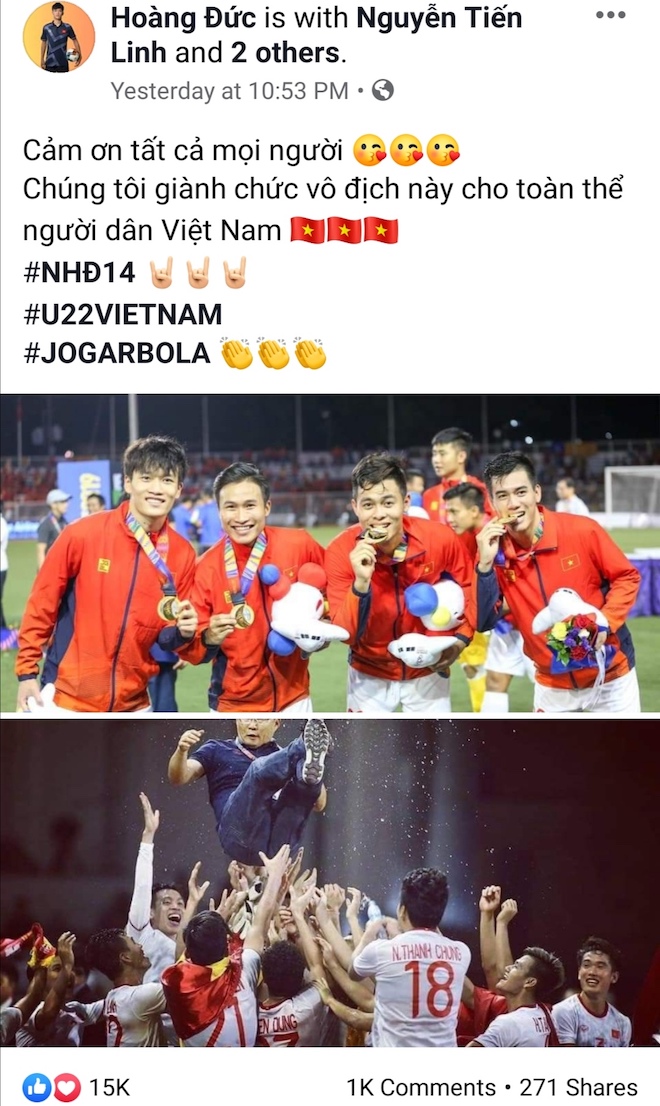 Lấy vàng SEA Games 30, 11 cầu thủ "hot" nhất U22 Việt Nam viết gì trên Facebook? - 13