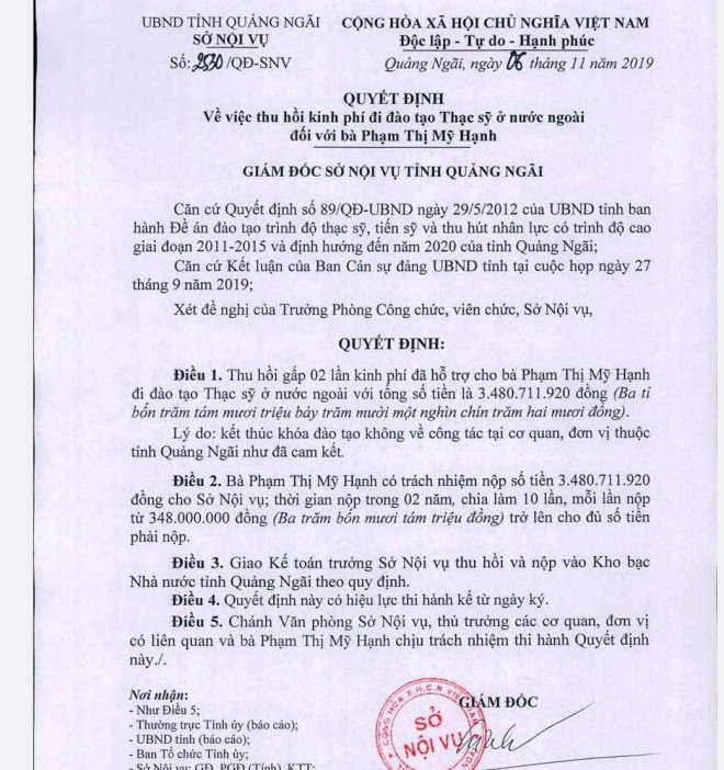 Một trong 4 quyết định thu hồi kinh phí đào tạo do Sở Nội vụ tỉnh Quảng Ngãi ban hành. Ảnh: T.Trực