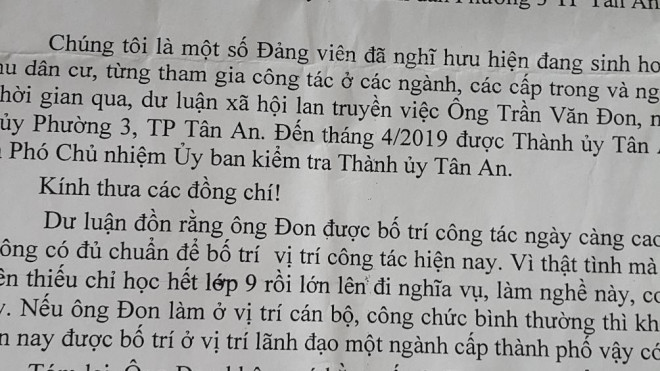 Đơn tố cáo Phó chủ nhiệm Ủy ban Kiểm tra Thành ủy Tân An không có bằng cấp 3