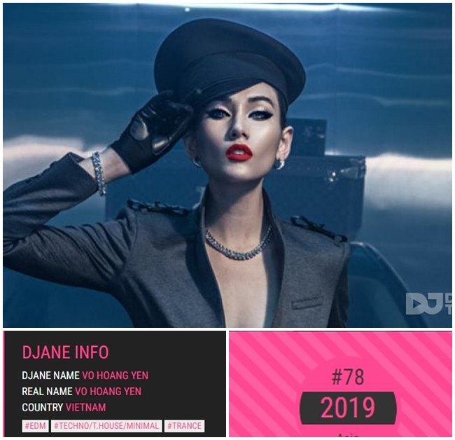 Mới đây, trang djanetop đã công bố danh sách bình chọn Top 100 DJ châu Á năm 2019. Đứng đầu danh sách là DJ đến từ xứ sở kim chi - DJ Soda. Việt Nam có 3 mỹ nhân lọt top bình chọn này là Annie G, King Lady và Võ Hoàng Yến. Siêu mẫu 8X là cái tên gây bất ngờ khi lọt top danh sách này. Đây là năm đầu tiên, chân dài họ Võ lọt vào danh sách này. Cô đứng thứ 78 trong Top 100 DJ châu Á 2019.