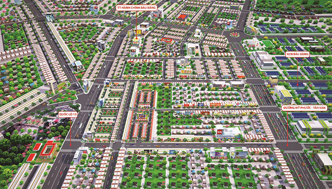 Phối cảnh dự án Golden Future City nằm ngay trung tâm đô thị - công nghiệp Bàu Bàng và hệ thống giao thông xung quanh.