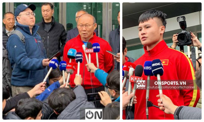 HLV Park Hang Seo, Quang Hải trả lời phỏng vấn truyền thông Hàn Quốc vào sáng 17/12 (nguồn ảnh: On Sport)