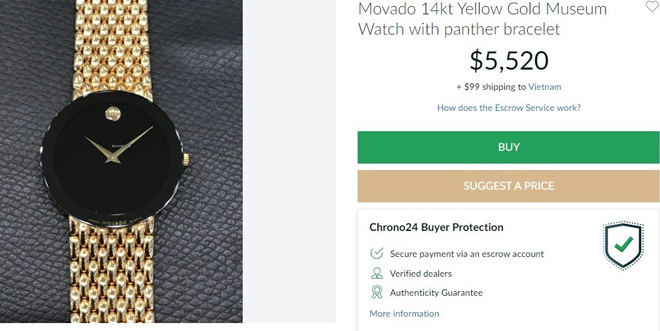 Ngày nay, giá đồng hồ Swiss Movado Quartz rơi vào khoảng vài triệu đến vài chục triệu (tùy phiên bản) - Ảnh: Một chiếc Movado sản xuất trước năm 2000 được bán giá hơn 5 ngàn đô trên chrono24.com