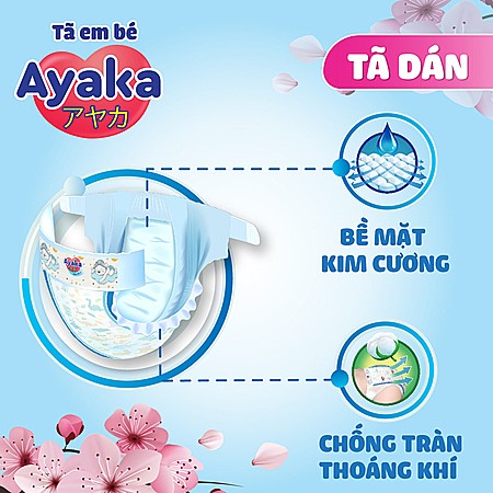 Tã dán AYAKA với bề mặt kim cương mềm mại và vách chống tràn thoáng khí giữ cho làn da con luôn khô thoáng