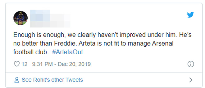 Trên mạng xã hội Twitter,&nbsp;"Arteta out" nhanh chóng lọt top những từ khóa phổ biến nhất