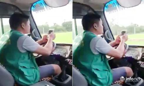 Hình ảnh tài xế Cao Như Ý vừa lái xe vừa sử dụng điện thoại.