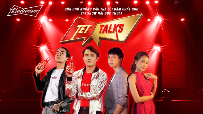 Poster chính thức của series hài Tet Talks – sản phẩm của sự kết hợp giữa Vua Bia Budweiser và BB Trần, Huỳnh Lập, Sam, Tuấn Kiệt
