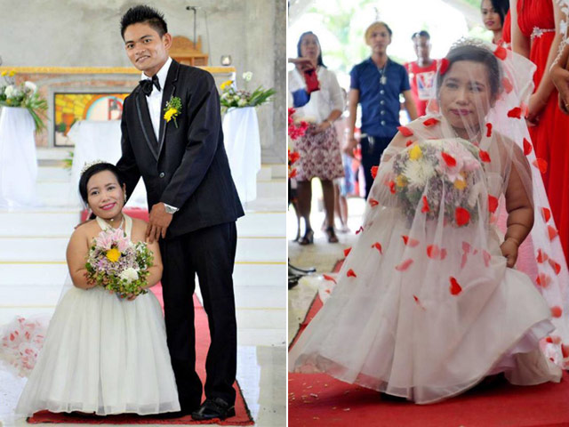 Bạn trẻ - Cuộc sống - Mắc bệnh ngừng phát triển, cô dâu gây sốt khi tiến vào lễ đường với chú rể cao gấp đôi