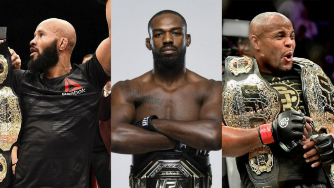 Jon Jones vượt mặt&nbsp;Demetrious Johnson (ảnh trái),&nbsp;Daniel Cormier (ảnh phải) trở thành võ sĩ MMA hay nhất thập niên 2010