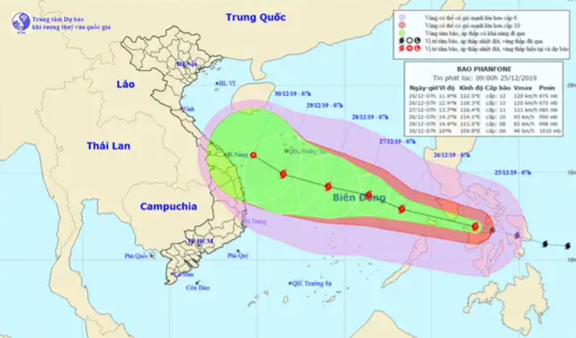 Vị trí và hướng di chuyển tiếp theo của bão Phanfone. Ảnh Trung tâm Dự báo KTTVQG.