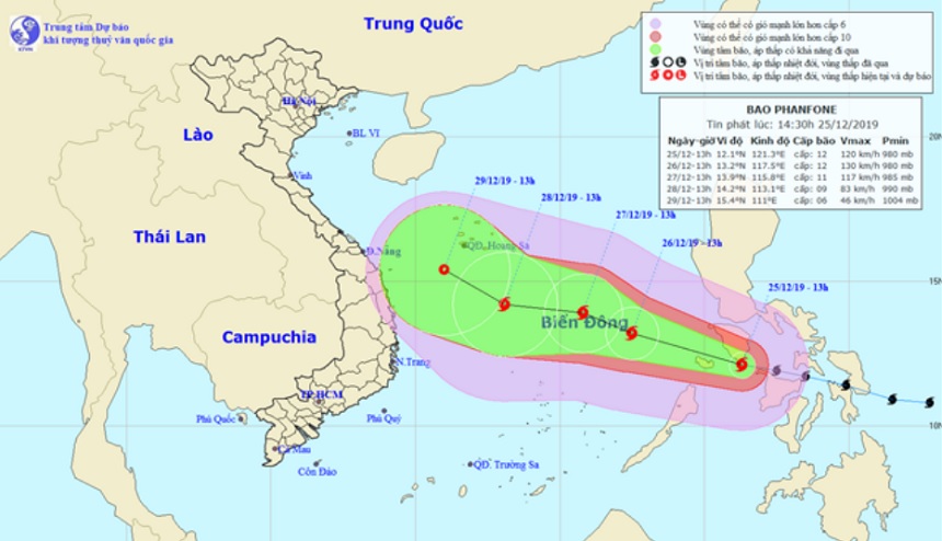 Vị trí và hướng di chuyển tiếp theo của bão Phanfone. Ảnh: Trung tâm Dự báo KTTVQG.